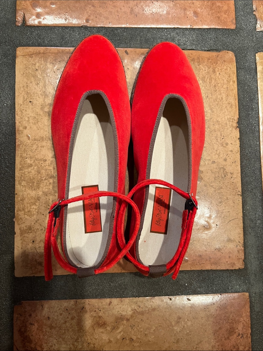 Red Women's Viani Red Velvet Ankle Strap Flats never worn.